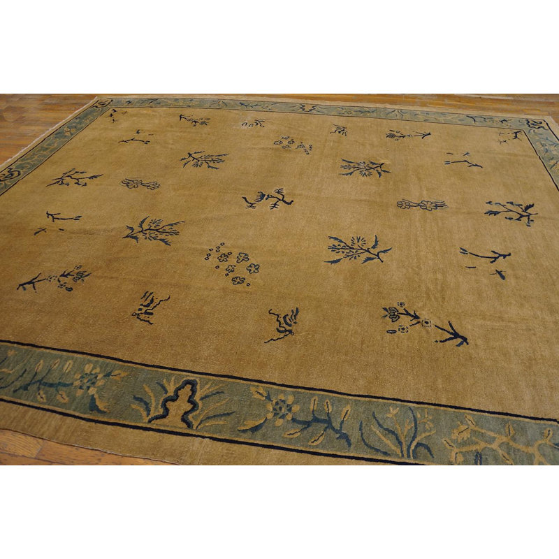 1930s Beige Floral Antique Chinese Peking Rug 9'0" x 11'3" Knotted Wool Carpet