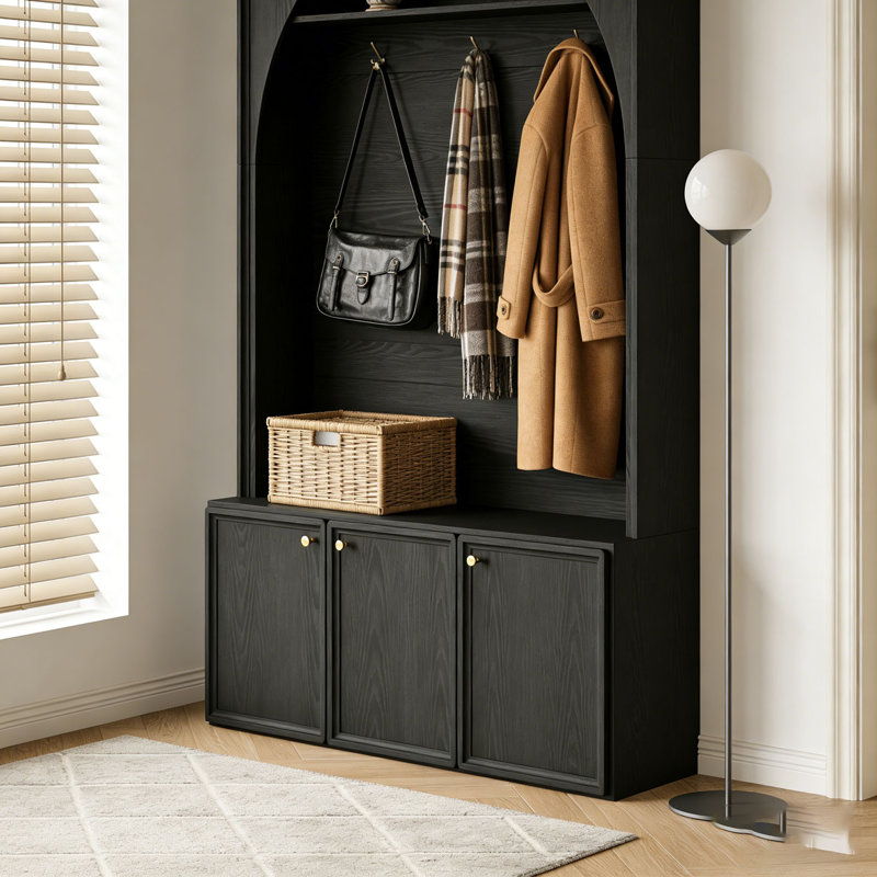 All-in-One Hall Tree with Adjustable Shelves, Retro Arched Entryway Storage Bench with 3 Cabinets, Black