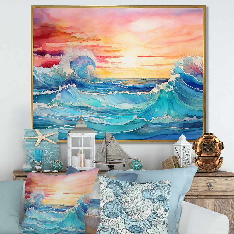 " Rainbow Ocean Sunrise I ", Gold Floater Framed, 16" H x 32" W x 1" D