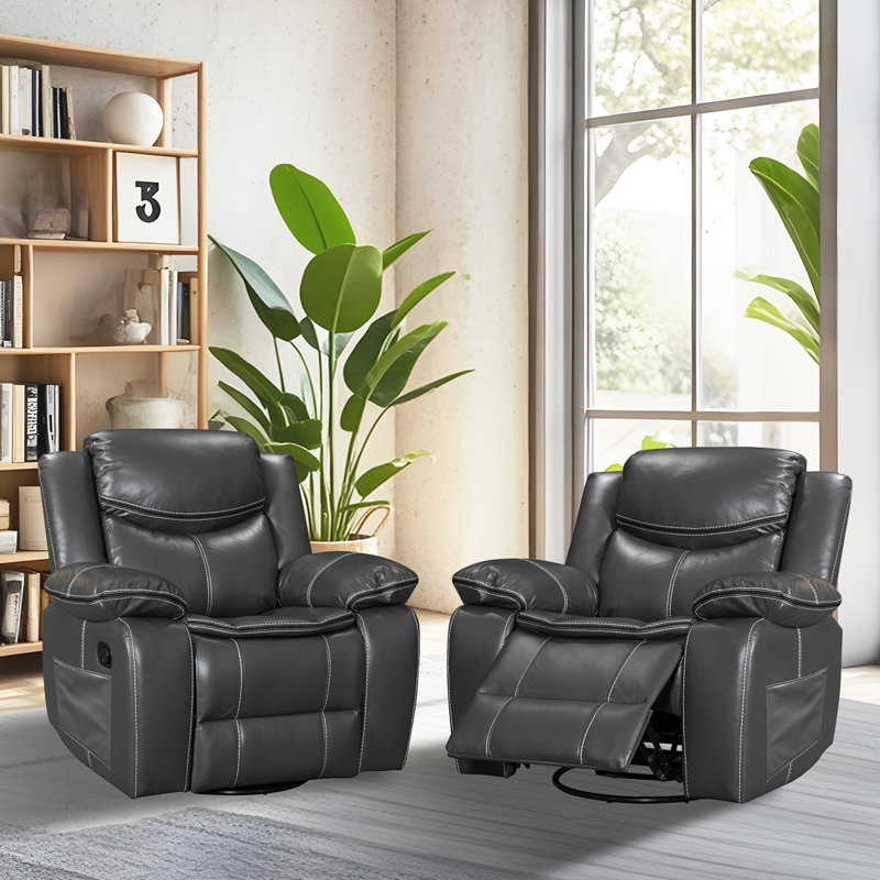 Crovetti Wide Seating Pu Leather Recliner Chair With Rocking And Swivel Set Of 2, Gray