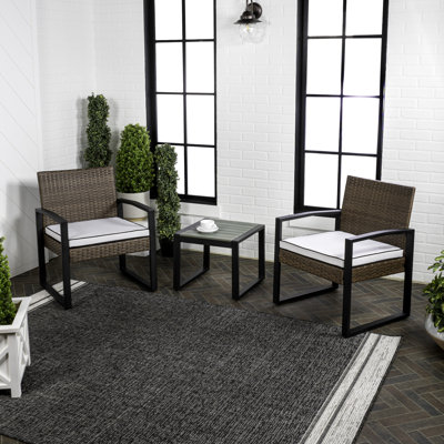 Selby Modern 3-Piece Brown Woven Rattan Outdoor Patio Conversation Set, Black Steel Chairs, Welted Cushions & Acacia Wood Table