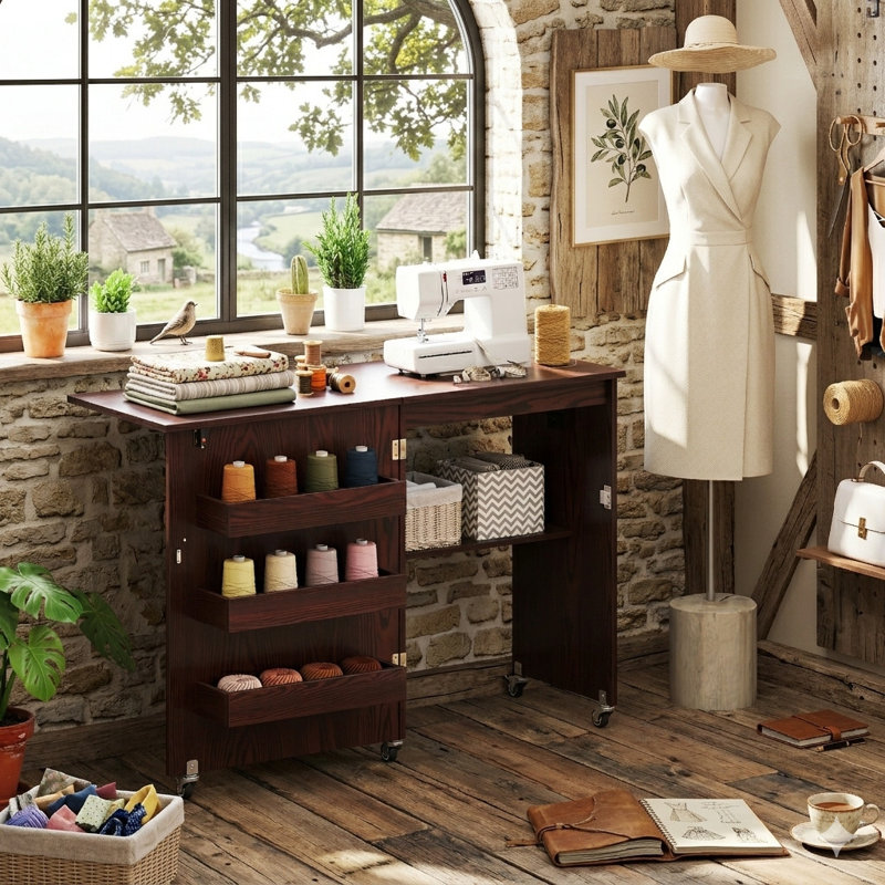 Foldable Sewing Cabinet With Charging Station And Lockable Casters, Expandable Sewing Desk For Home Office, Brown, Brown
