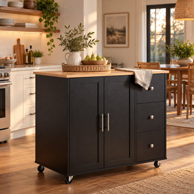 Chariot d'îlot de cuisine mobile avec rangement, chariot à roulettes de 101,5 cm (39,96 po), bois noir et naturel, 2 portes, 3 tiroirs, étagère réglable, chariot utilitaire