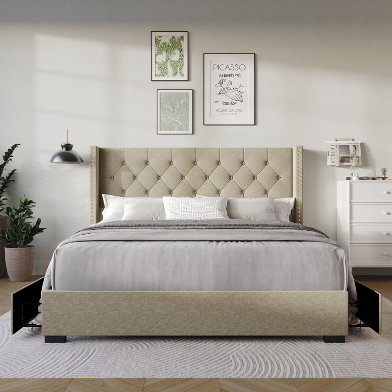 Sauger Upholstered Wingback Storage Bed, Queen, Dark Beige