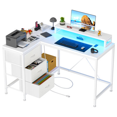 L Shaped Computer Desk with Power Outlets & LED Lights, Home Office Corner Desk with Drawers & Storage Shelves,White
