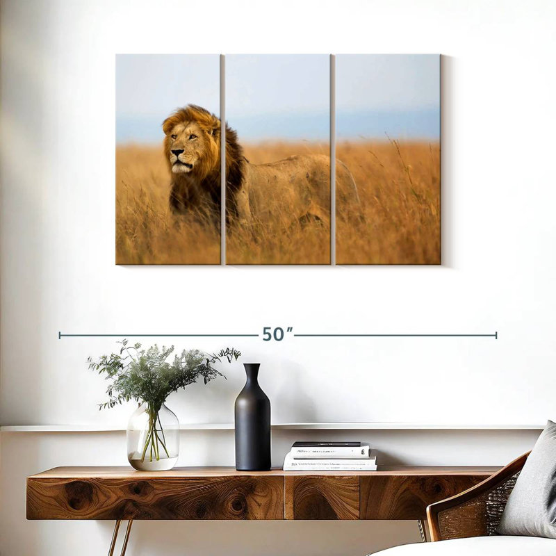 Lion Brampt chassant en safari, H 24 po x l 38 po