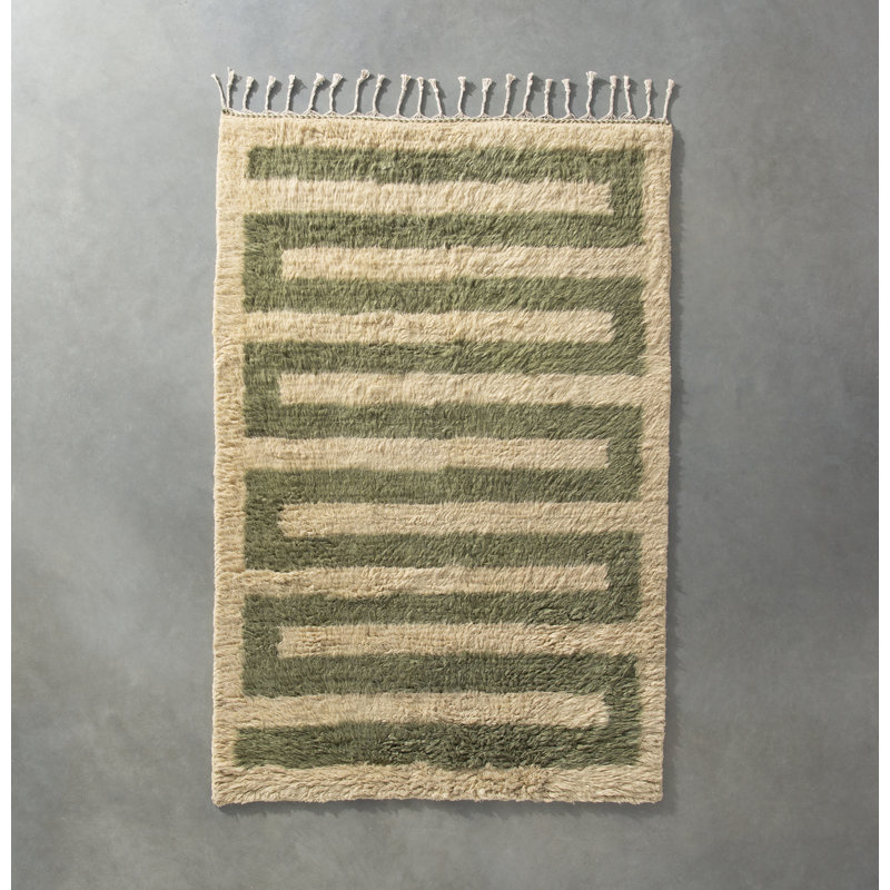 Essi Geometric Handmade Wool Green/Tan Area Rug, Rectangle 2' x 3'