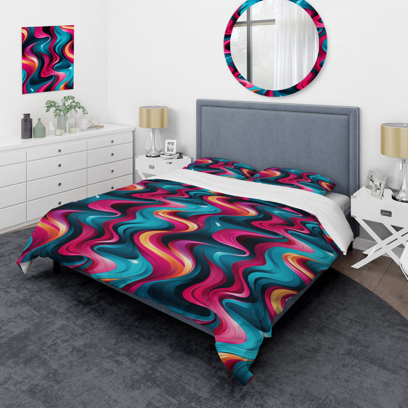 Literie de vagues rétro roses et bleues I, Housse de couette simple + 1 taie décorative stan