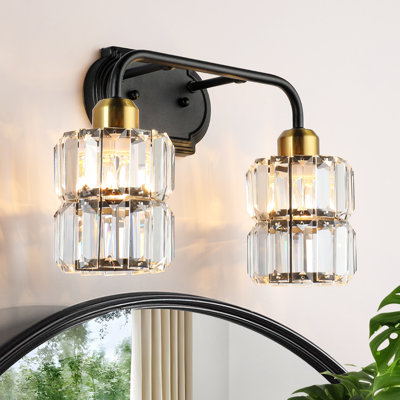 Luminaire de meuble-lavabo en cristal noir et laiton avec abat-jour en cristal transparent pour salle de bain