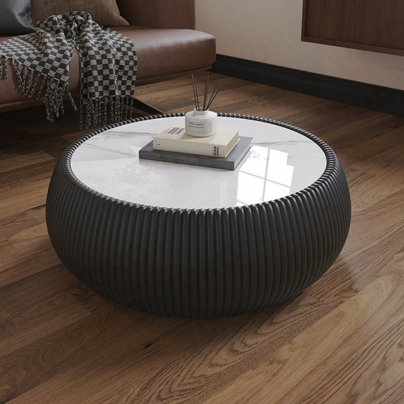 Table basse en forme de tambour - Plateau en pierre frittée claire, corps en cuir - Gris, Black