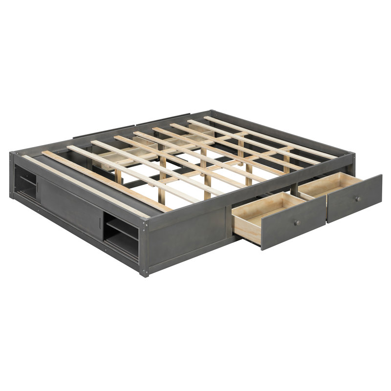 Queen Size Platform Bed with 4 Drawers & Footboard Storage Cubby, No Headboard, Modern Space-Saving, Gray, Gray