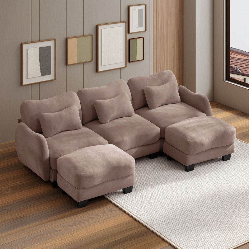 Canapé d'angle en chenille en forme de U avec 2 poufs amovibles et coussins lombaires, Rose poussière