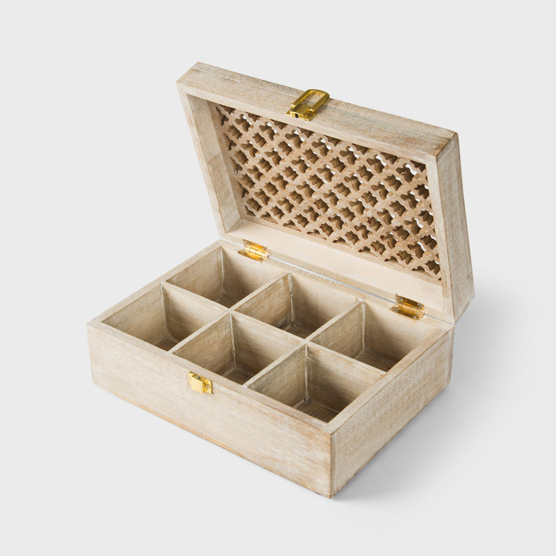 Boîte de rangement 6 pièces fabriquée à la main en bois de manguier blanchi, 6 cloisons