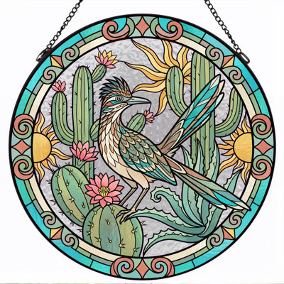 Roadrunner Cactus Stained Glass Window Panel，12"H