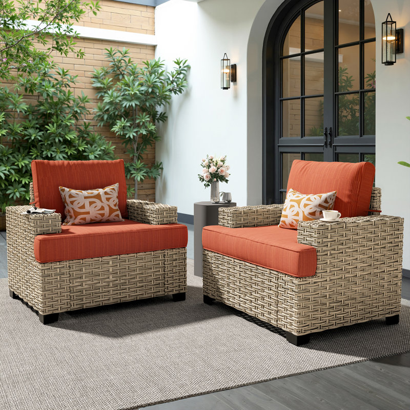 Ensemble de 2 fauteuils d'extérieur modernes en osier avec coussins Carolle, Rayures fines orange rouge