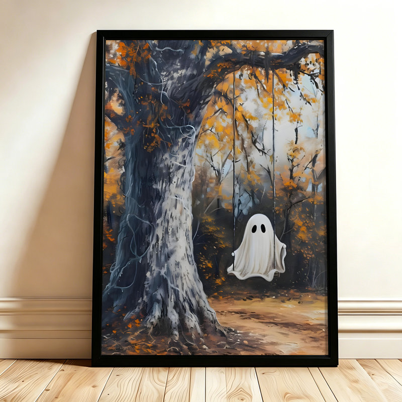 Fantôme d'Halloween sur une balançoire dans une forêt d'automne, tableau sur toile encadré, cadre noir, 40 x 60 cm, 16x24
