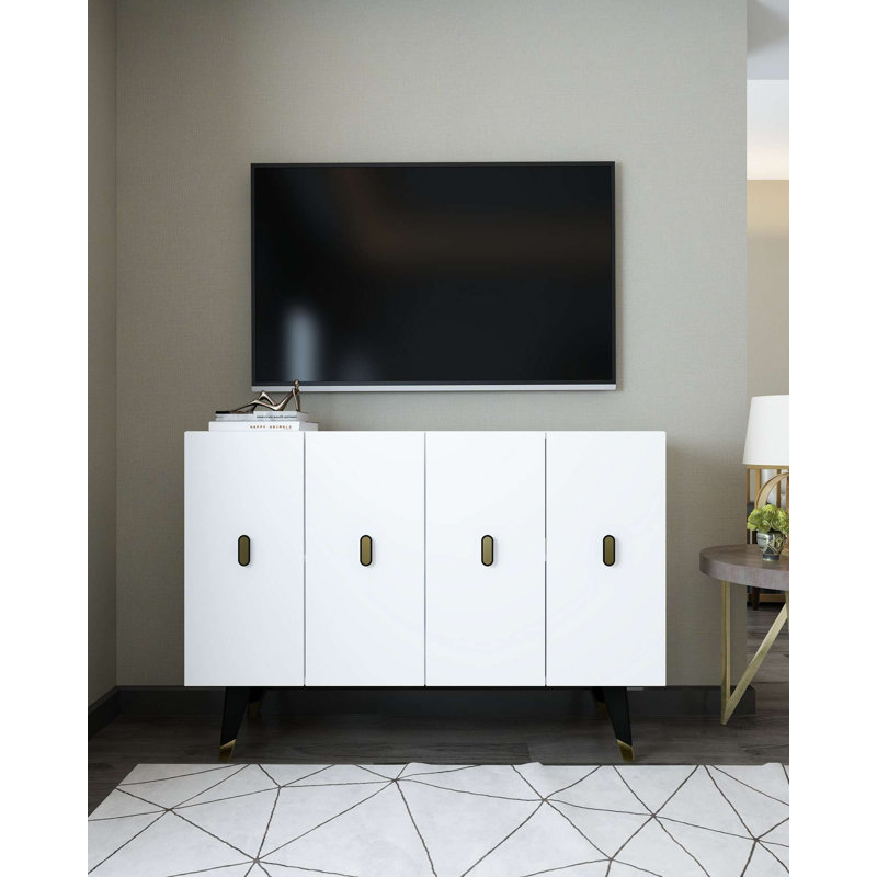 Console moderne avec tablettes, blanc et or, panneau de particules recouvert de mélamine à 100%, épaisseur: 0,7 pouce | Rangement mural élégant pour le salon et le vestibule, design élégant