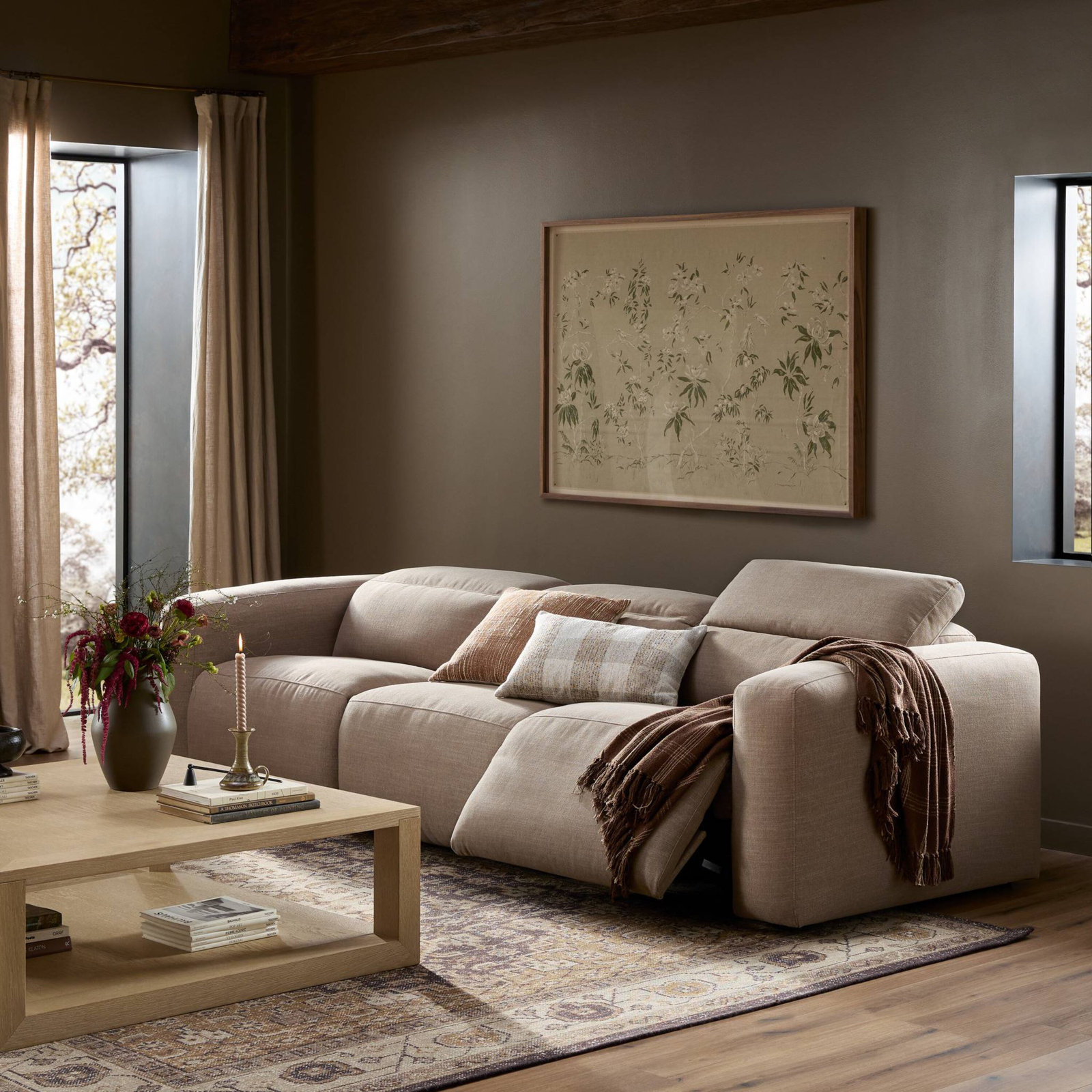 Amed 124" Genuine Leather Power Reclining Sofa, Crypton Nomad Taupe Polyester Blend