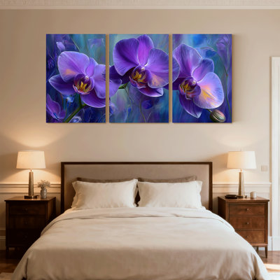 Plantes et fleurs, orchidée mauve, ensemble de 3 reproductions d'art sur toile