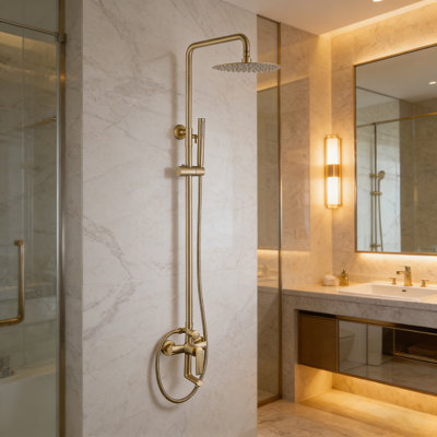 Système de douche mural brossé à pression équilibrée avec pomme de douche à pluie haute pression, douchette à main et barre coulissante réglable