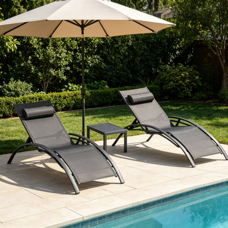 Méridienne de patio inclinable réglable en aluminium textilène avec table (ensemble de 2), Noir