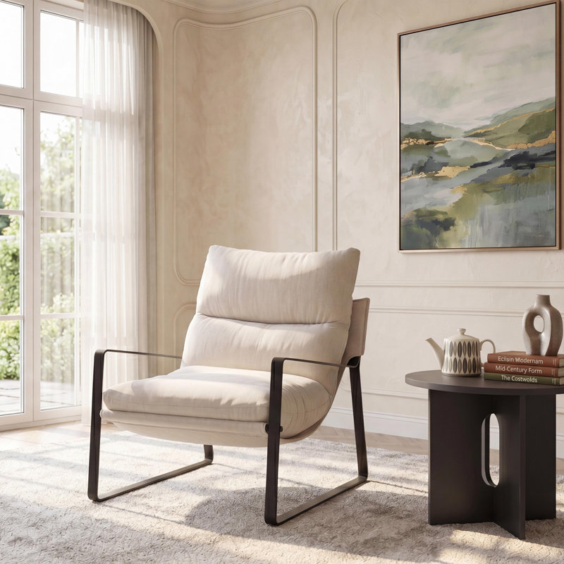 Metal Accent Stool, Beige, Chenille