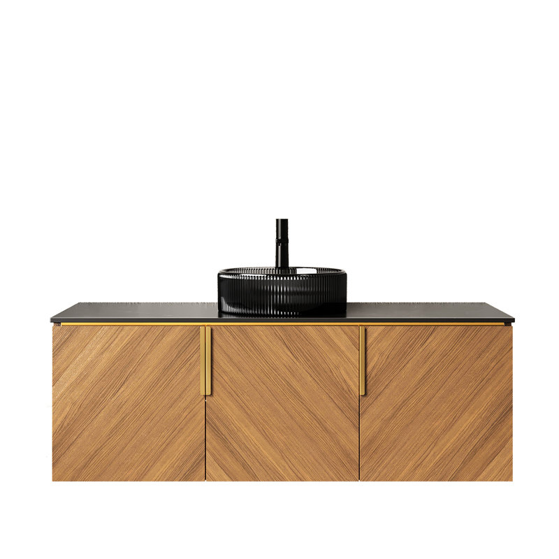 Ensemble de meuble-lavabo et lavabo moderne 48 po avec 3 portes, armoire en chêne brun, comptoir rond en verre fritté noir transparent, système de fermeture en douceur, grand rangement, cristal 48 po facile à assembler