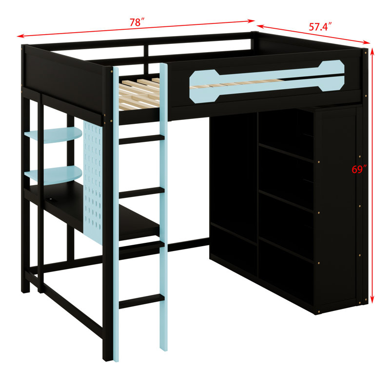 Lit mezzanine peu encombrant avec bureau intégré et garde-robe ouverte, Bleu