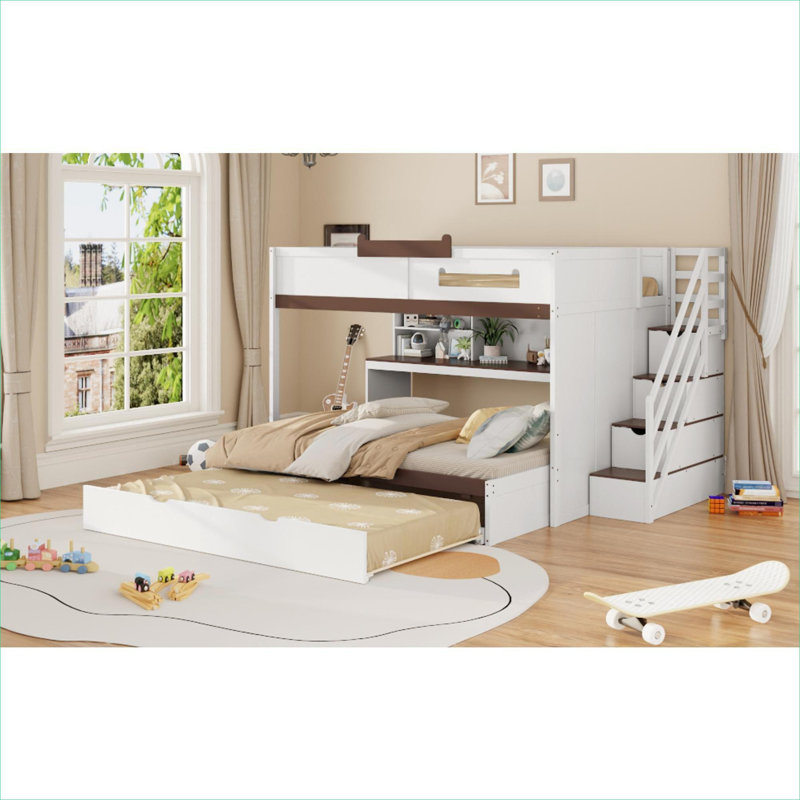 Structure de lit superposé double classique en bois massif blanc avec lit gigogne simple, escalier intégré, tablettes de rangement et DEL pour les enfants et les chambres d'amis