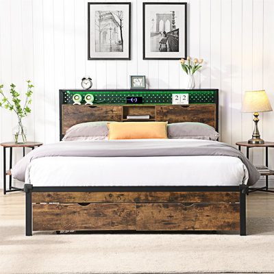 Platm Bed Frame With Footboard USB,Charging Station,Drawers