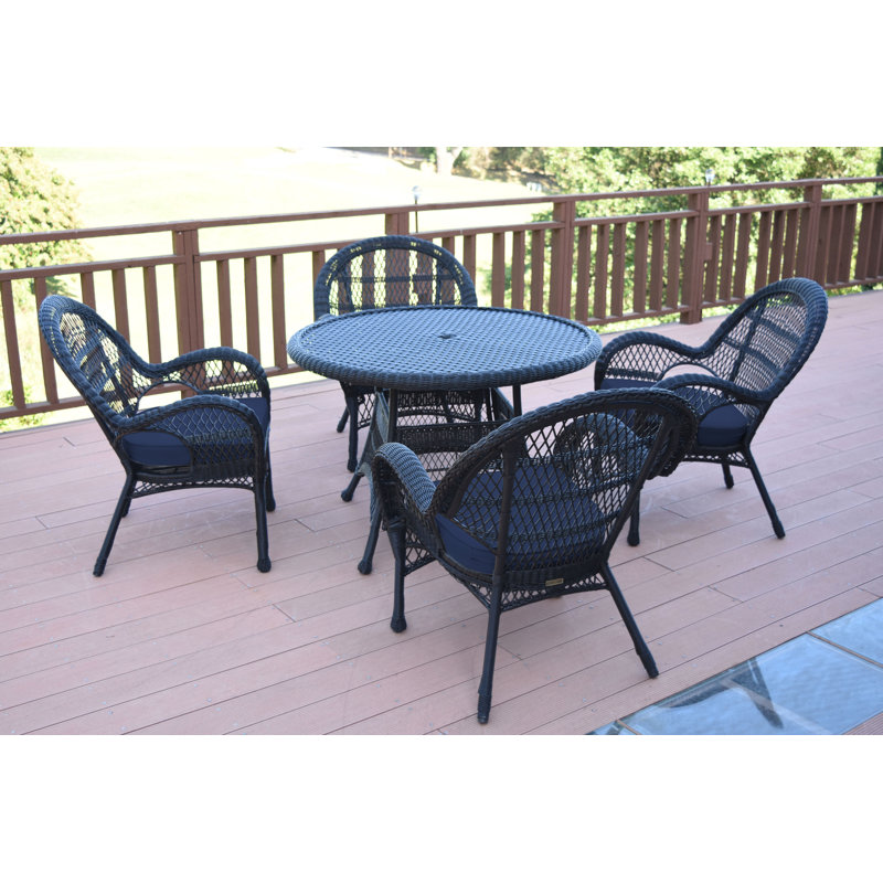 Mangum 4 - Person Wicker Patio Dining Set with Round Table, Black, Blue