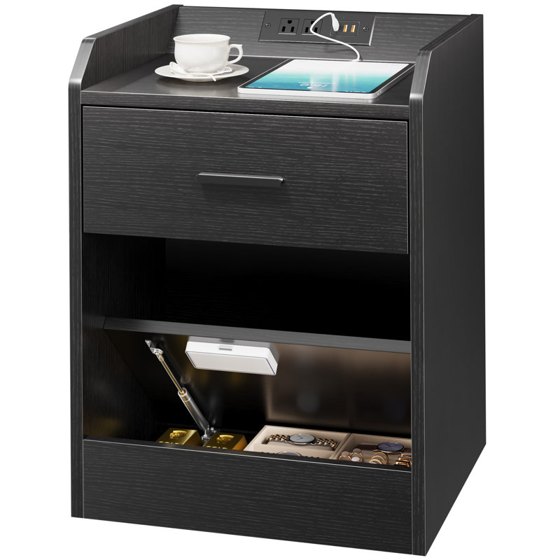 Table de chevet avec tiroir caché avec compartiment caché, station de charge et prises USB, Noir