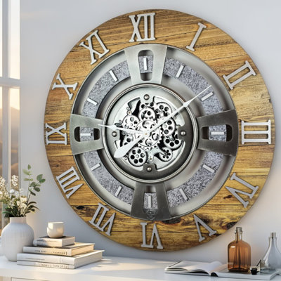 Wall Clock 36" Oversized for Living Room decor with Real Moving Gears England Collection
