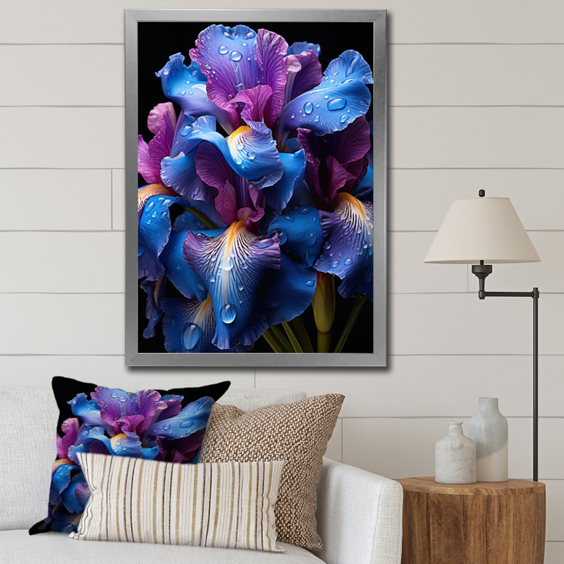 Iris mauve bleu irisé - art mural floral, salon, H 32 po x l 16 po x P 1 po, Cadre photo argenté