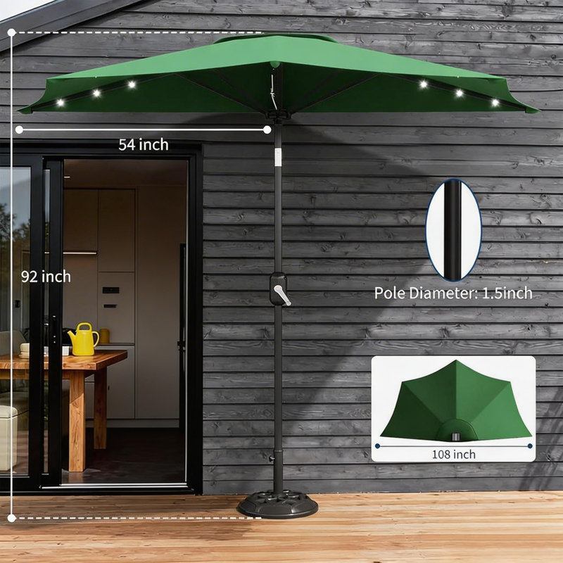 Demi-parasol de patio extérieur de 9 pi avec lumières à DEL et manivelle lisse, Vert