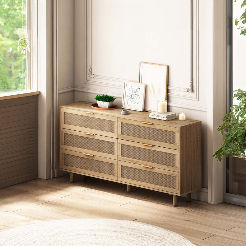 6-Drawers Rattan Storage Cabinet Rattan Drawer, Natural