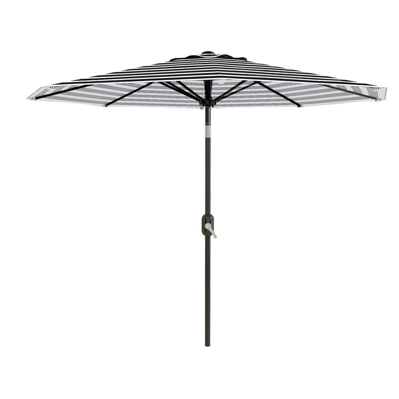 Parasol de patio 10 pi, 8 baleines robustes, avec manivelle et inclinaison à bouton-poussoir, Black & White Stripe