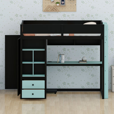 Lit mezzanine avec bureau, armoire, armoire de rangement, lumières à DEL et ports de charge USB