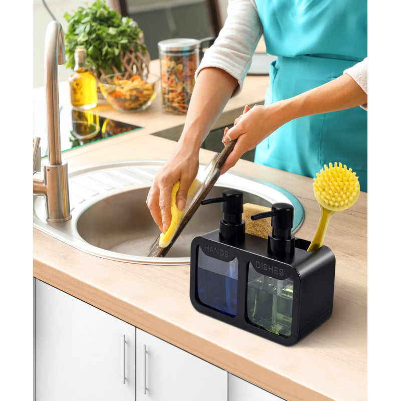 Distributeur de savon et de lotion 4 en 1, accessoires pour évier de cuisine avec éponge en pâte de bois épaisse et serviette, distributeur double de savon pour les mains et la vaisselle à poser, avec porte-éponge et porte-brosse.