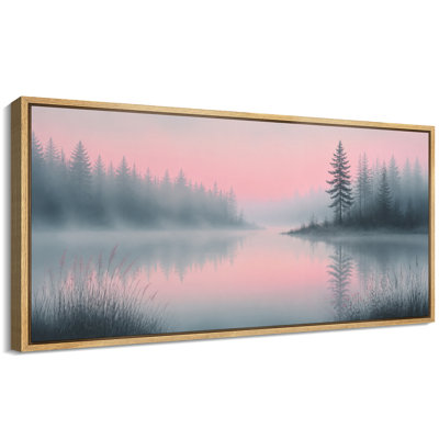 «Pink Misty Lake Forest Reflection Serene Nature Landscape», impression sur toile encadrée