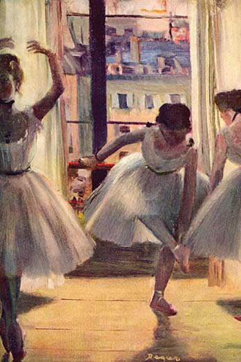 Trois danseurs dans une salle de pratique par Edgar Degas - reproduction non encadrée, H 42 po x l 28 po x P 1,5 po