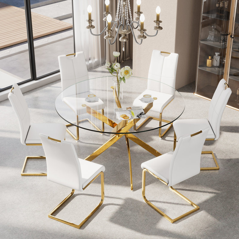 Ensemble de salle à manger 7 pièces, H 29,5 po x L 47,2 po x l 47,2 po, Blanc, Doré