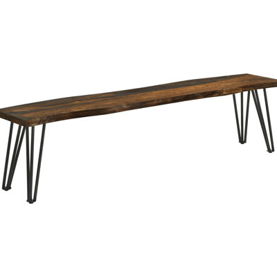 Banc en bois Live Edge au fini gris, pieds en épingle à cheveux de style contemporain pour salle à manger, hauteur de 18 pouces avec mélange de métal élégant et classique de 70 po de long