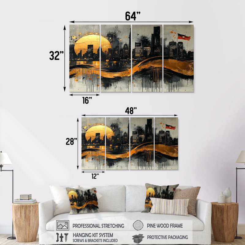 Toile de tokyo à l'encre dorée brillante - Art mural japonais - Art mural traditionnel, H 32 po x l 64 po, 4