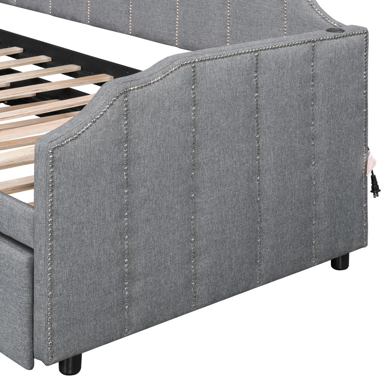 Upholstered Daybed with Pop-Up Trundle & USB Charging Ports, Gray