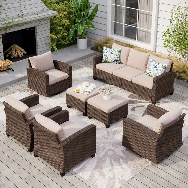 9 - Person Outdoor Wicker Patio Conversation Furniture Set with Swivel Chairs, Beige, No