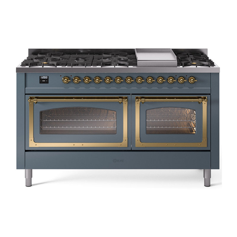 ILVE Nostalgie II Noblesse 60 po à deux brûleurs, 9 brûleurs, plaque chauffante, Gris-bleu / laiton, Propane liquide
