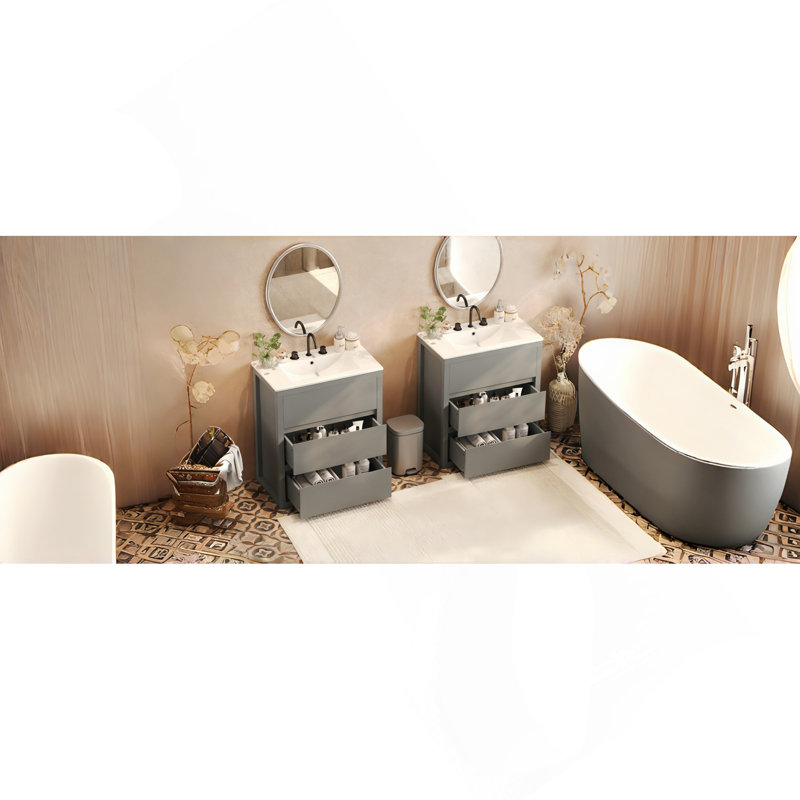 Ensemble de meuble-lavabo double 60 po, armoire de salle de bain avec deux lavabos en céramique séparés, tiroirs pleine extension et glissières de tiroir encastrées à fermeture en douceur, gris
