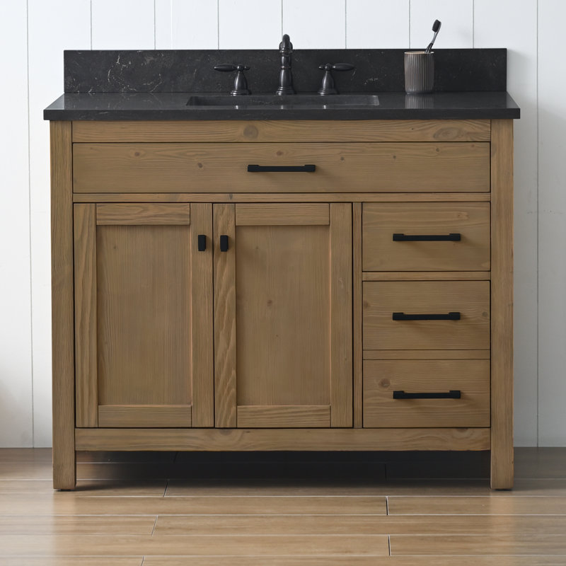 Ensemble de meuble-lavabo simple 42 po Ajiya, Naturel texturé / noir mat, Calcaire bleu