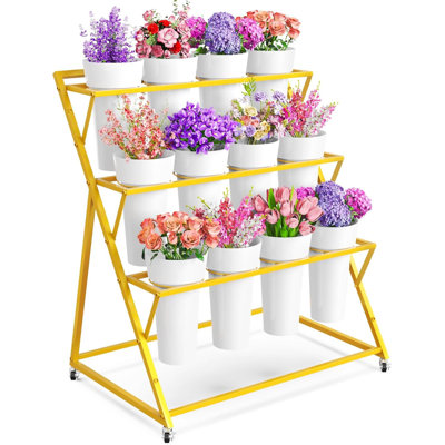 3-Tier Rolling Flower Display Stand With 12 Removable Buckets, Metal Florist Cart With Locking Wheels For Wedding Party Ceremony Indoor Outdoor Garden Use